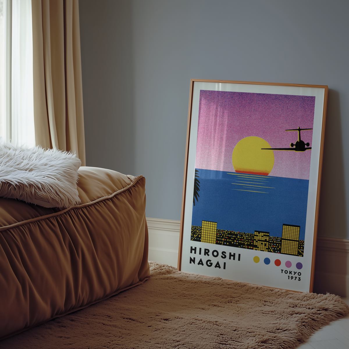 Väggmockup av Hiroshi Nagai Sunset Departure affisch på ljus vägg – Bozetto konsttryck