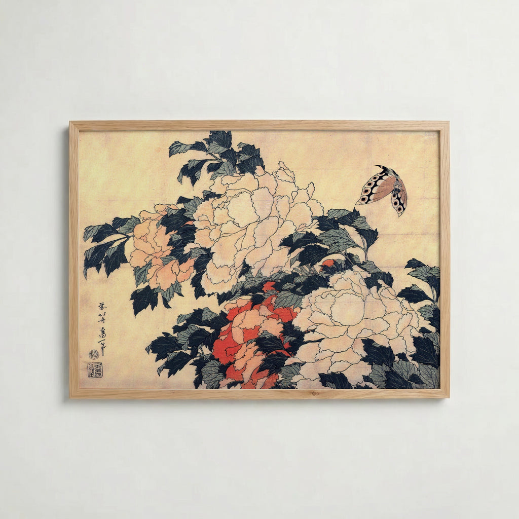 Katsushika Hokusai Peonies and Butterfly 1833 Poster – ekram