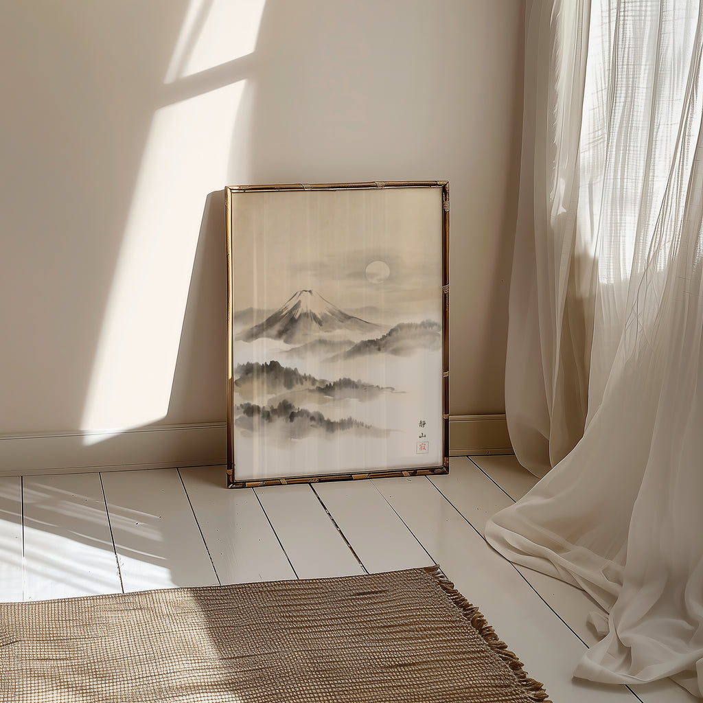 Mockup av Silent Mountain Mist affisch på vägg – köp enkelt hos Bozetto i hög kvalitet