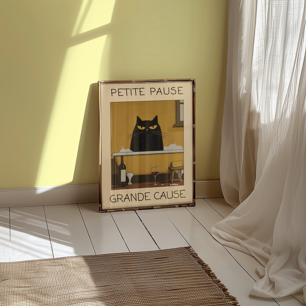 Mockup av Evening Bath Cat affisch på vägg – köp enkelt hos Bozetto i hög kvalitet