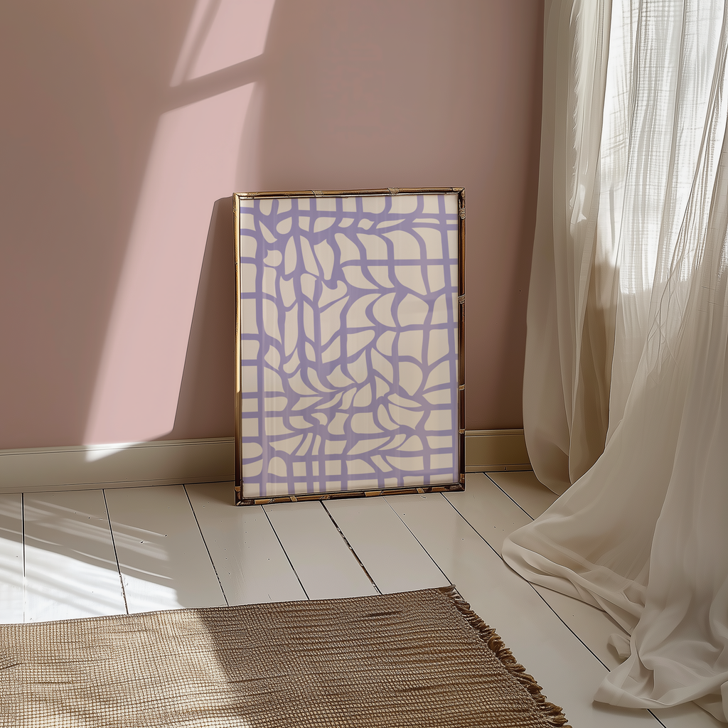 Mockup av Lilac Labyrinth affisch på vägg – köp enkelt hos Bozetto i hög kvalitet