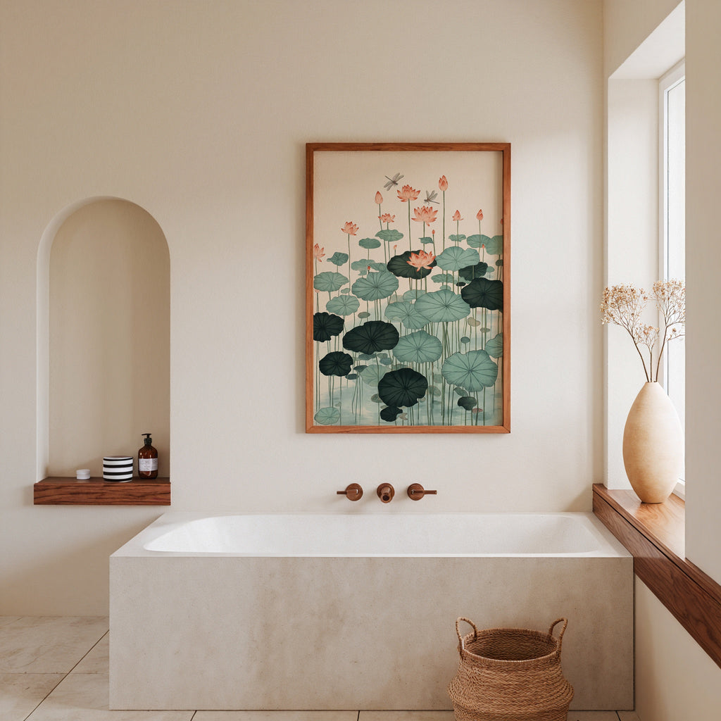 Lotus Pond Poster, lotusdamm i akvarell på vägg i hemmiljö, konsttryck från Bozetto