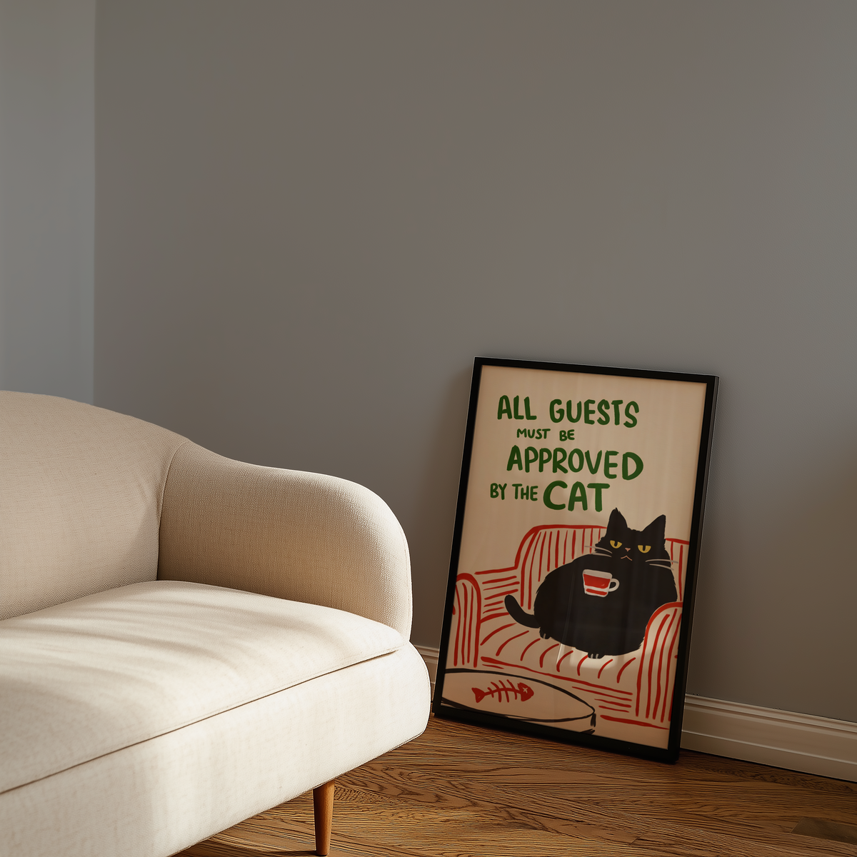 Mockup av Approved by the Cat affisch på vägg – köp enkelt hos Bozetto i hög kvalitet