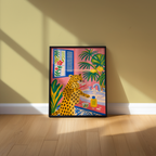 Mockup av Morning Ritual Leopard affisch på vägg – köp enkelt hos Bozetto i hög kvalitet