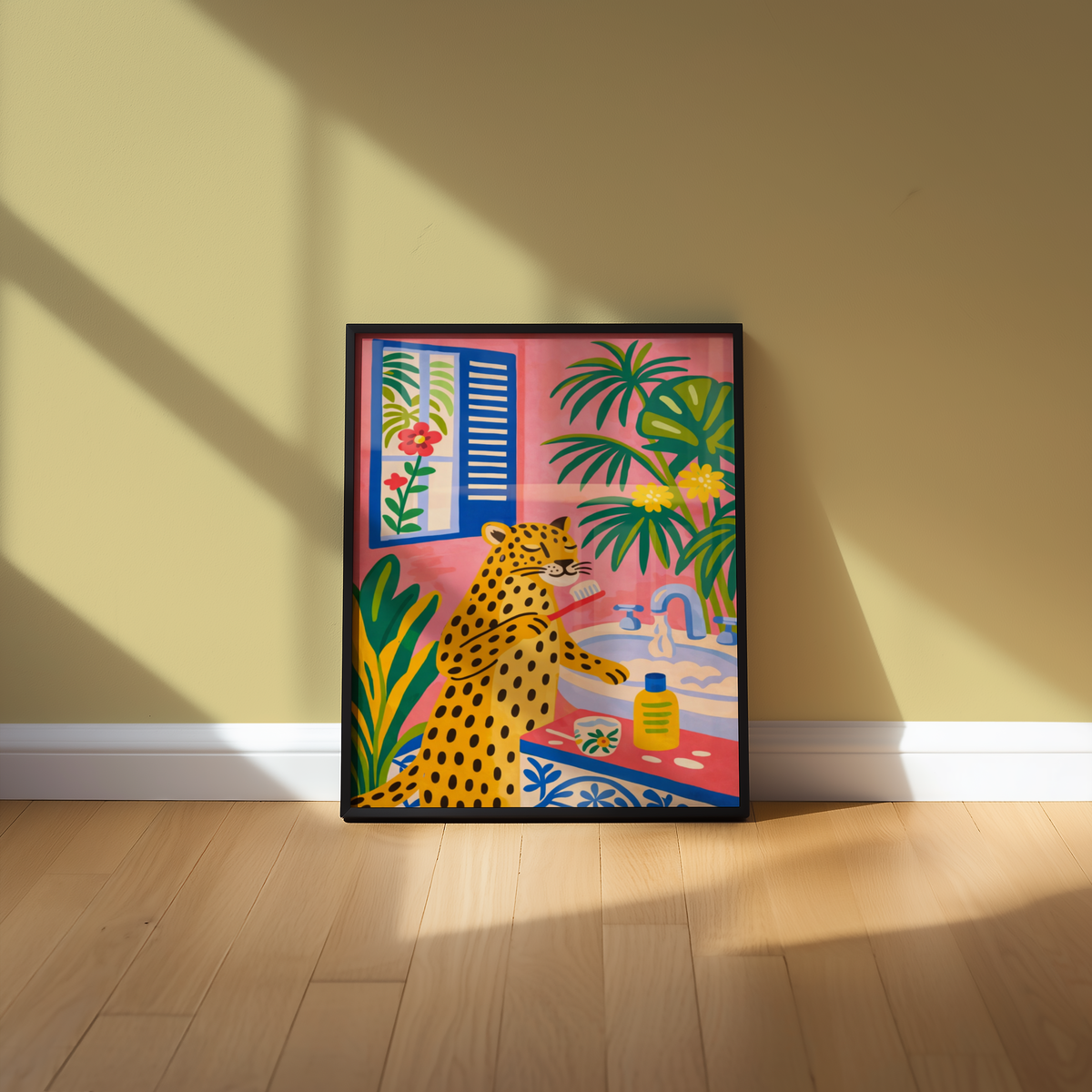 Mockup av Morning Ritual Leopard affisch på vägg – köp enkelt hos Bozetto i hög kvalitet
