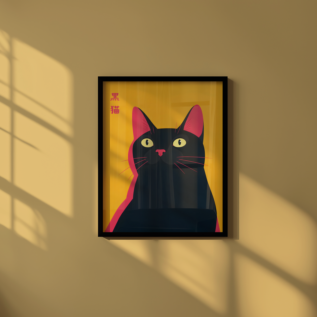 Mockup av Black Cat Pop Art affisch på vägg – köp enkelt hos Bozetto i hög kvalitet