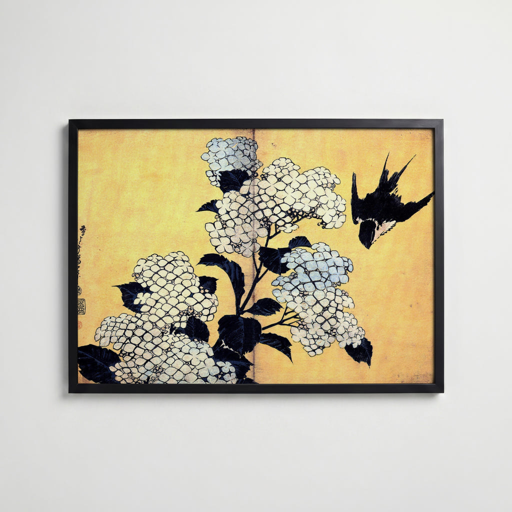 Katsushika Hokusai Hydrangea and Swallow 1834 Poster – svart ram