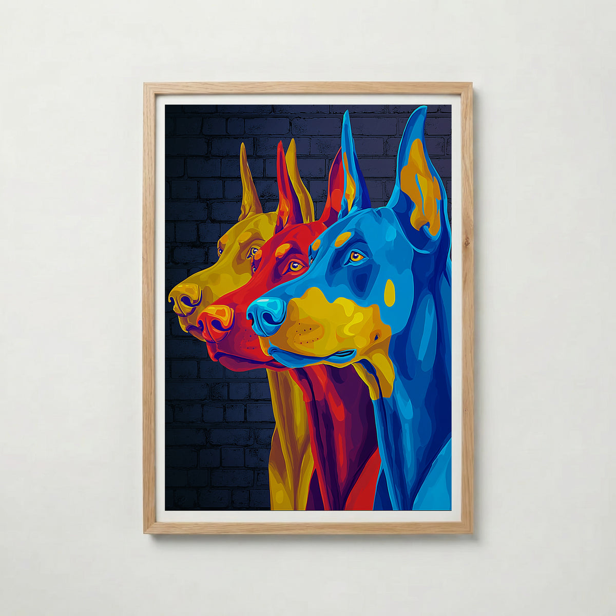 Pop Art Doberman i ekram med ljust trä – köp enkelt hos Bozetto affisch i hög kvalitet