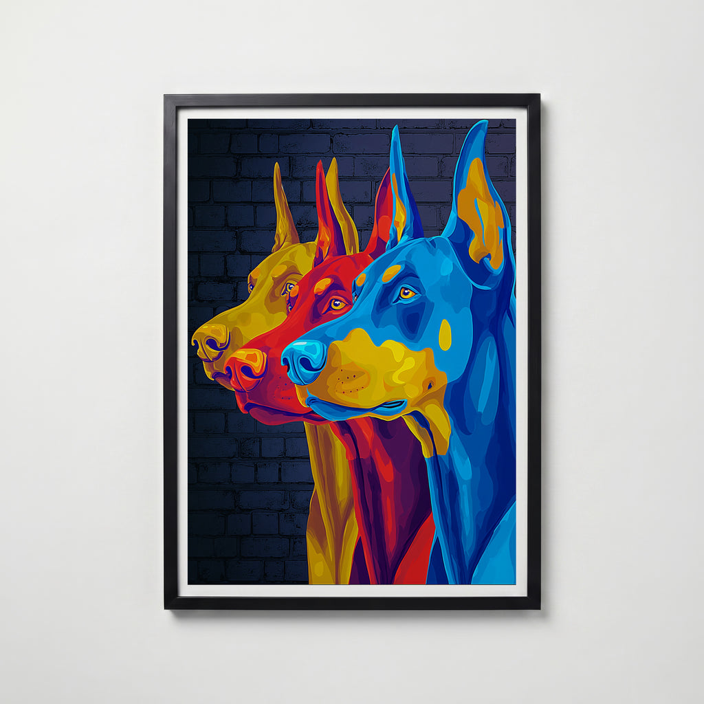 Pop Art Doberman i svart ram på vägg – köp enkelt hos Bozetto affisch i hög kvalitet