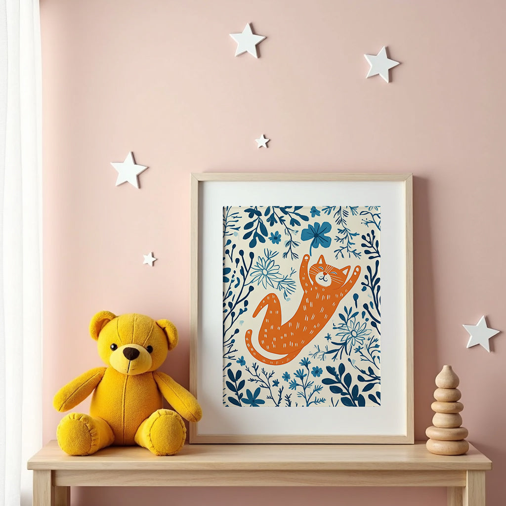 Playful Cat poster visualiserad på vägg – se rätt storlek med mockup från Bozetto
