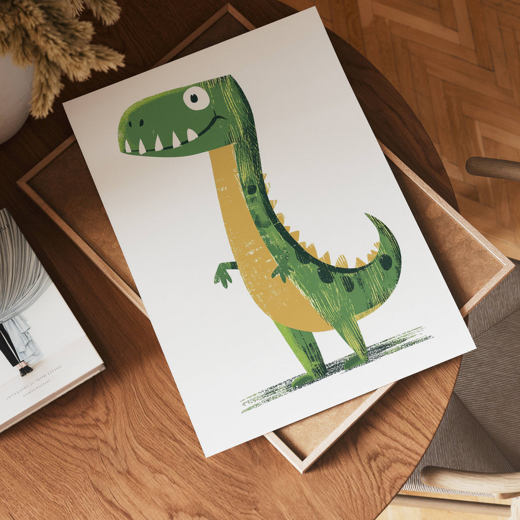 Green Dino konsttryck på vit bakgrund – elegant Bozetto affisch för hemmet i hög tryckkvalitet