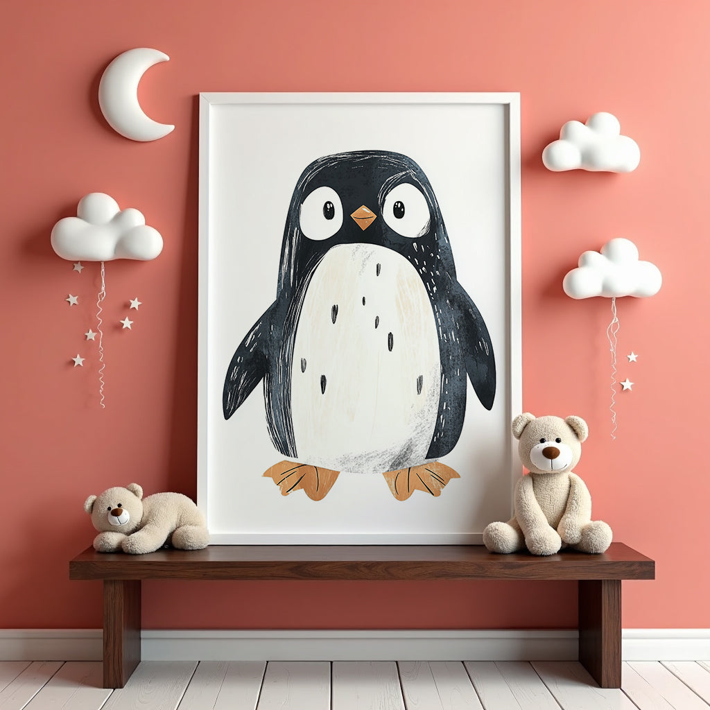 Mockup av Playful Penguin affisch på vägg – köp enkelt hos Bozetto i hög kvalitet