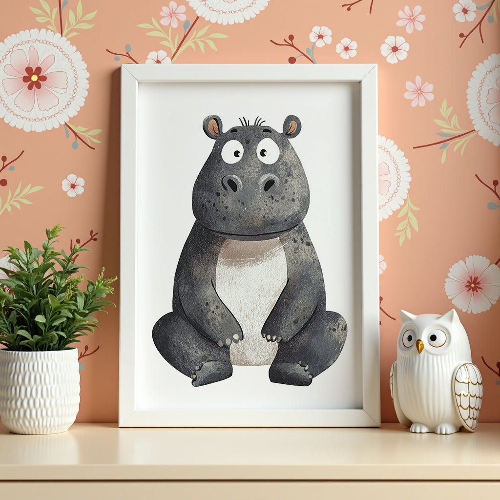 Väggmockup av Happy Hippo affisch på ljus tegelvägg – Bozetto konsttryck i hög tryckkvalitet