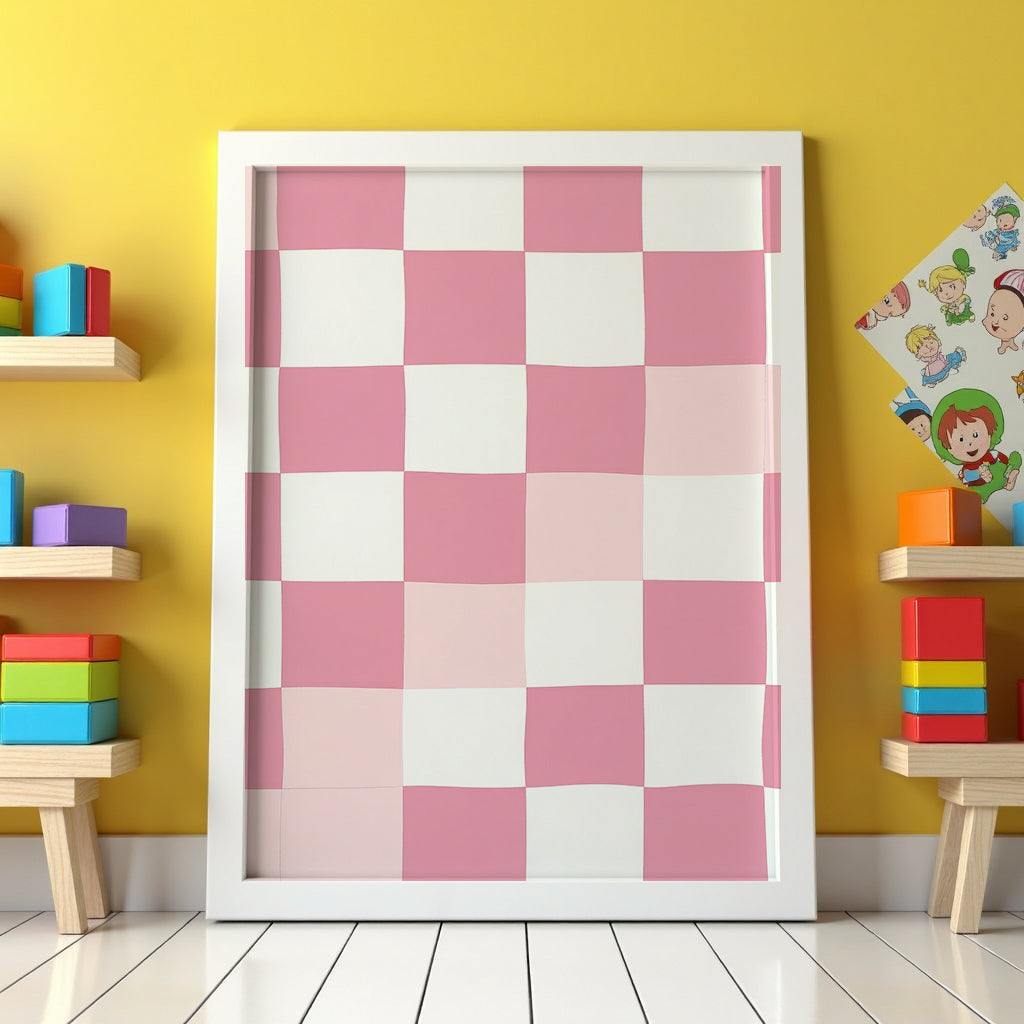 Mockup av Pink Checkered affisch på vägg – köp enkelt hos Bozetto i hög kvalitet
