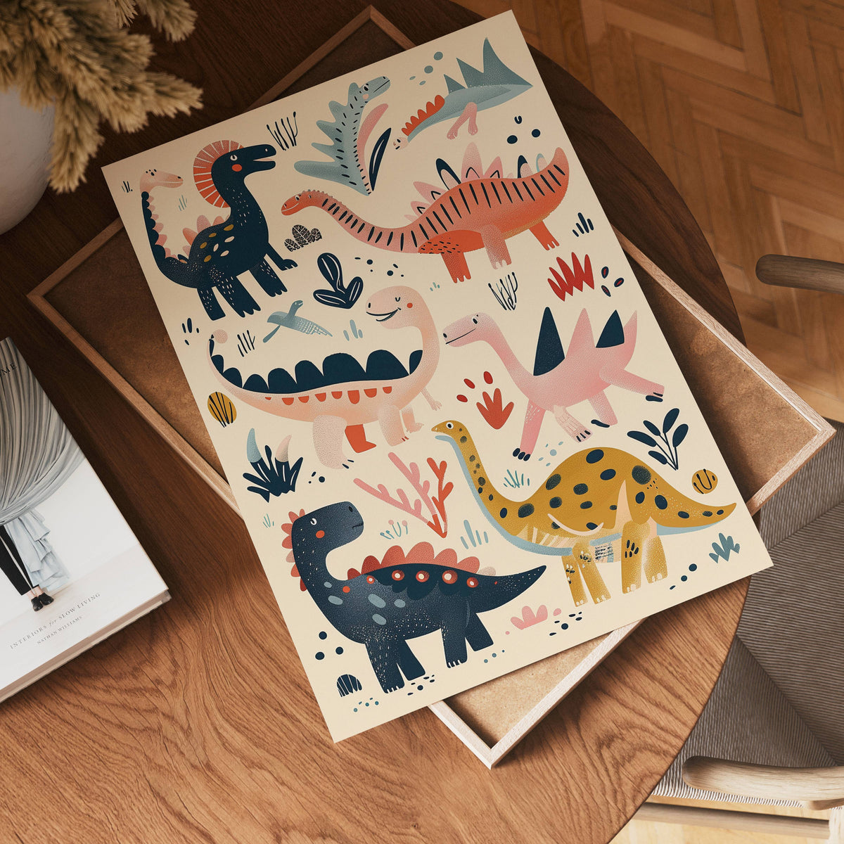Dino Friends konsttryck på vit bakgrund – elegant Bozetto affisch för hemmet i hög tryckkvalitet