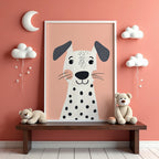 Happy Pup poster visualiserad på vägg – se rätt storlek med mockup från Bozetto i hög tryckkvalitet