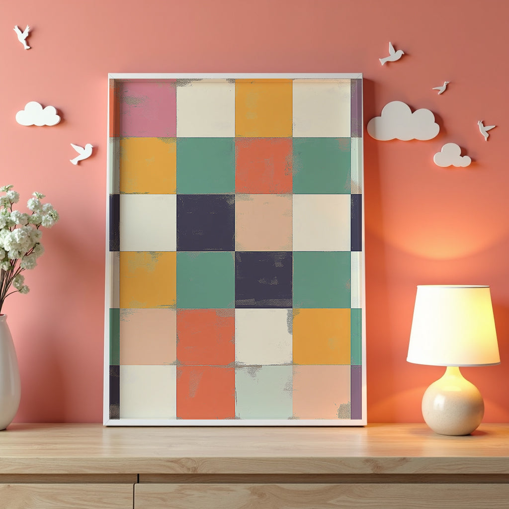 Mockup av Color Block Harmony affisch på vägg – köp enkelt hos Bozetto i hög kvalitet