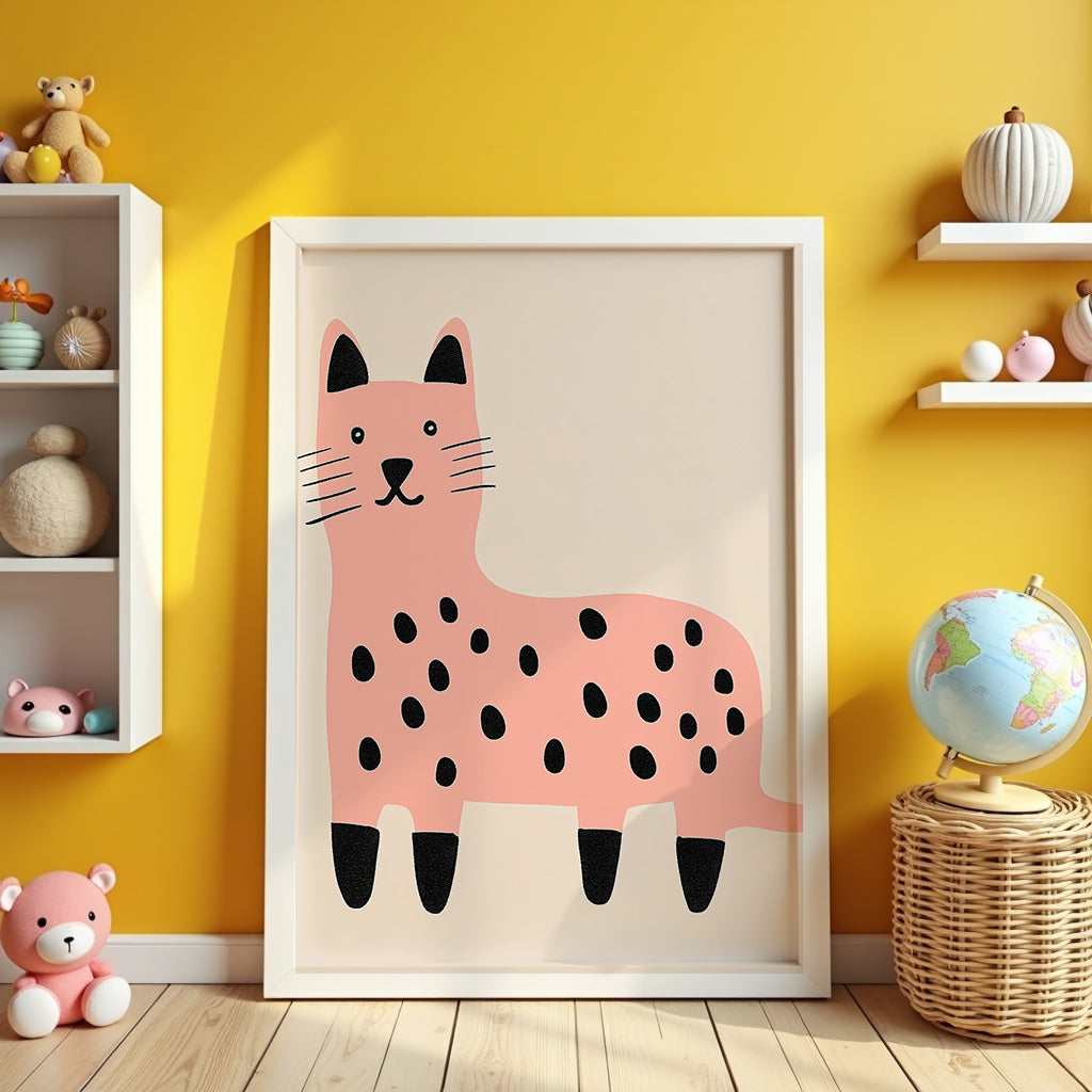 Mockup av Pink Spotted Cat affisch på vägg – köp enkelt hos Bozetto i hög kvalitet