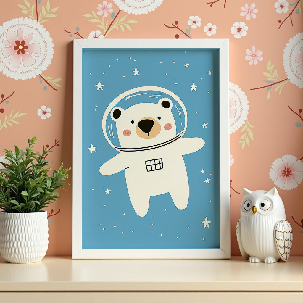 Space Bear poster visualiserad på vägg – se rätt storlek med mockup från Bozetto