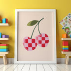 Mockup av Checkered Cherry affisch på vägg – köp enkelt hos Bozetto i hög kvalitet
