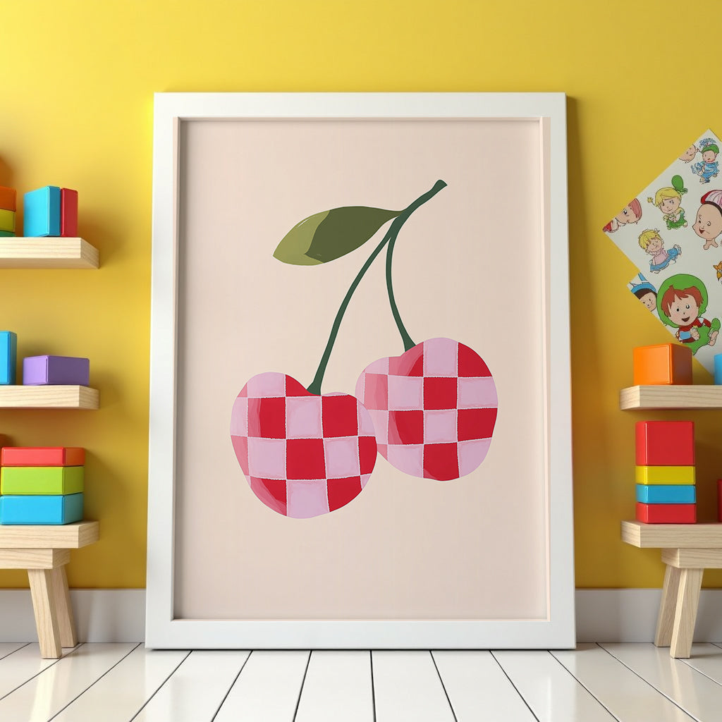 Mockup av Checkered Cherry affisch på vägg – köp enkelt hos Bozetto i hög kvalitet