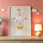 Party Sheep poster visualiserad på vägg – se rätt storlek med mockup från Bozetto