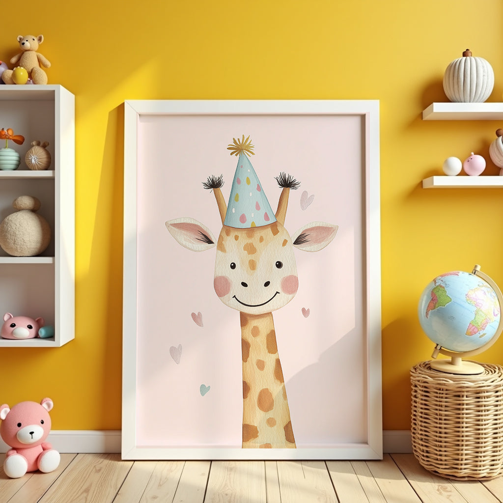 Väggmockup av Party Giraffe affisch på ljus tegelvägg – Bozetto konsttryck i hög tryckkvalitet