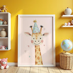 Väggmockup av Party Giraffe affisch på ljus tegelvägg – Bozetto konsttryck i hög tryckkvalitet