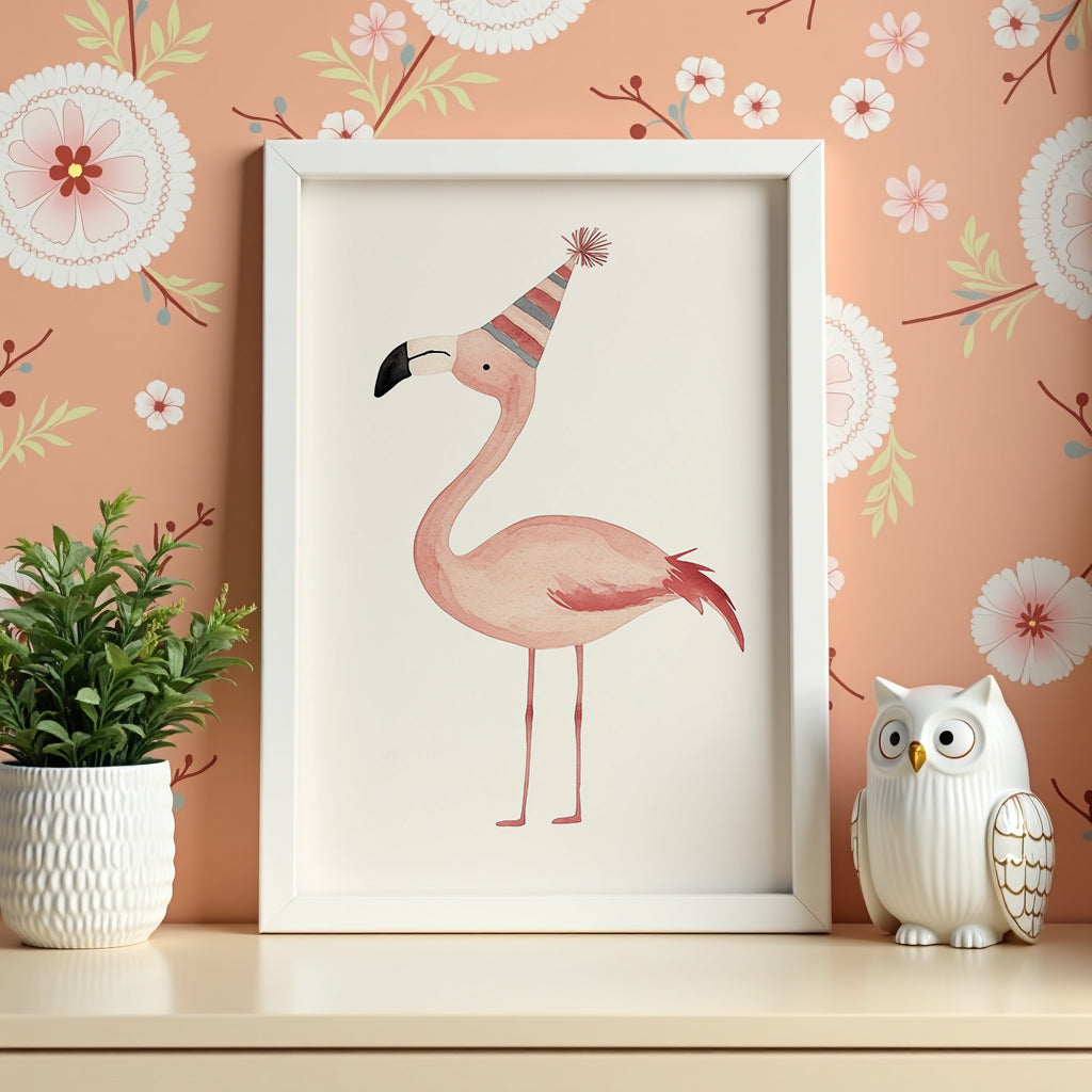 Väggmockup av Party Flamingo affisch på ljus tegelvägg – Bozetto konsttryck i hög tryckkvalitet