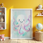 Mockup av Smiling Octopus affisch på vägg – köp enkelt hos Bozetto i hög kvalitet