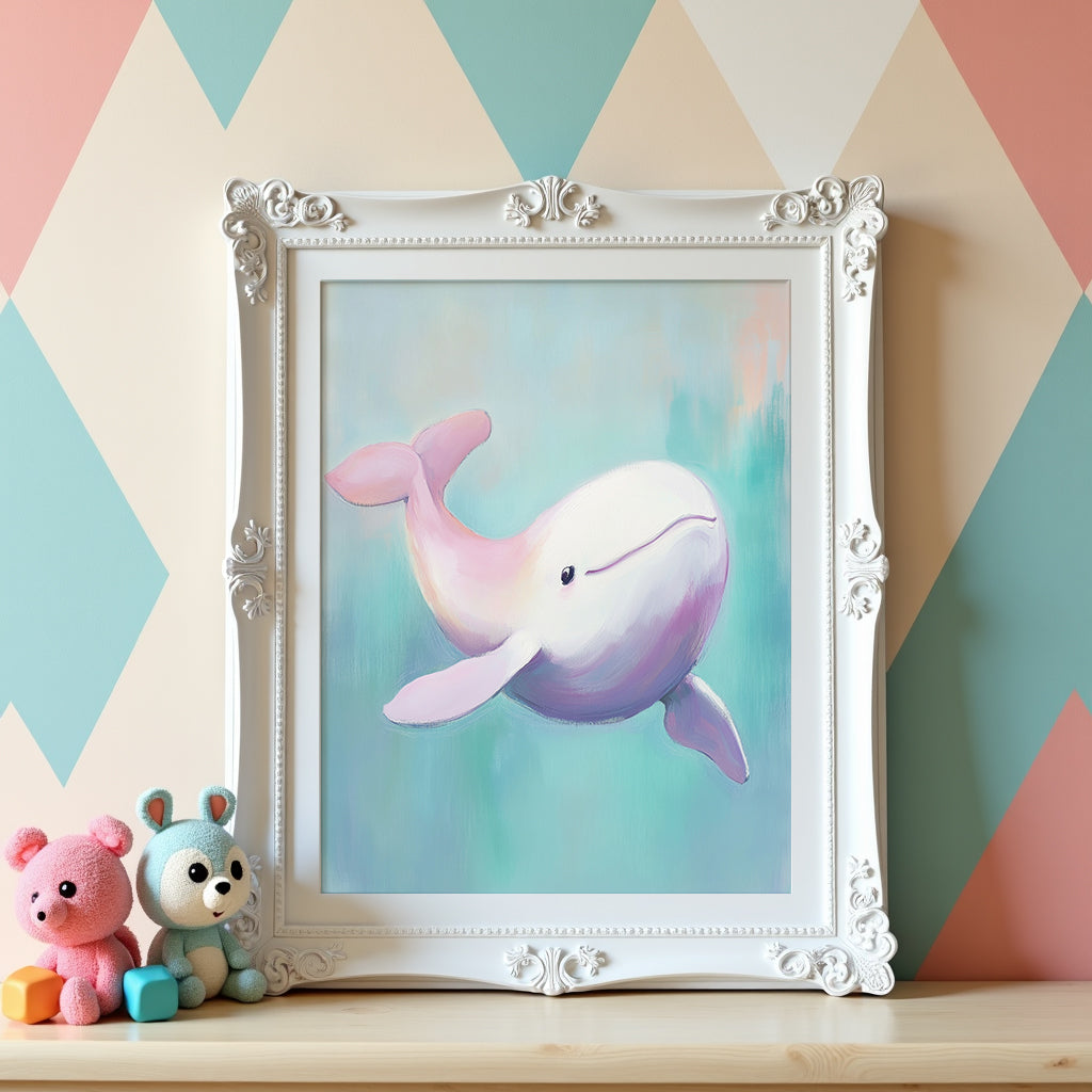 Väggmockup av Pastel Whale affisch på ljus tegelvägg – Bozetto konsttryck i hög tryckkvalitet