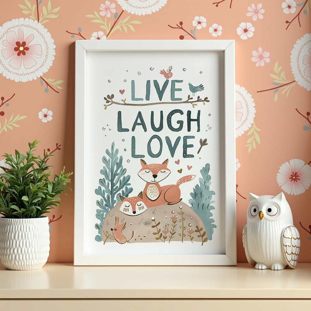 Väggmockup av Live Laugh Love affisch på ljus tegelvägg – Bozetto konsttryck i hög tryckkvalitet