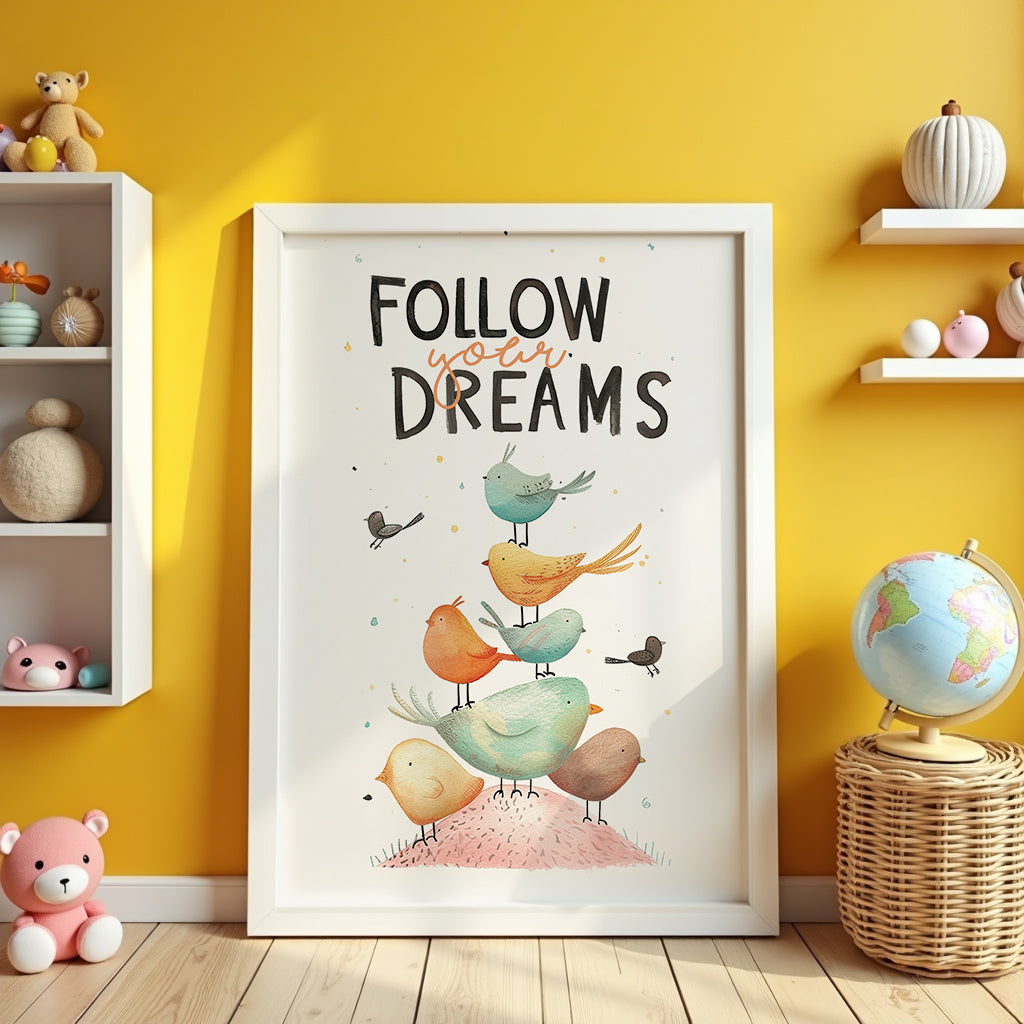 Mockup av Follow Your Dreams affisch på vägg – köp enkelt hos Bozetto i hög kvalitet
