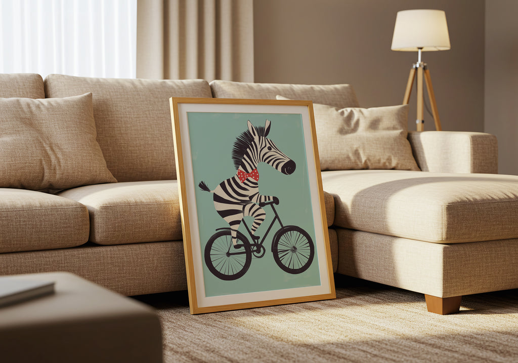 Zebra on a Bike poster visad rakt fram – Bozetto affisch i hög tryckkvalitet i hög tryckkvalitet