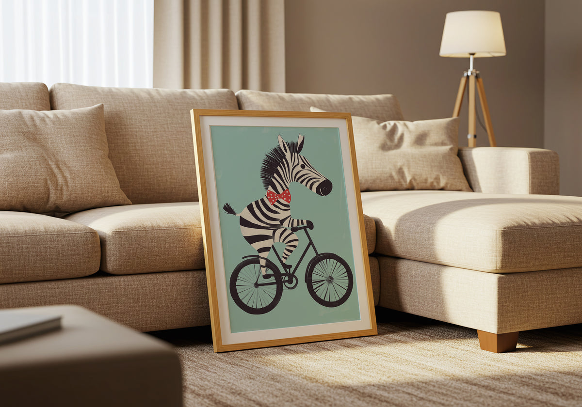 Zebra on a Bike poster visad rakt fram – Bozetto affisch i hög tryckkvalitet i hög tryckkvalitet