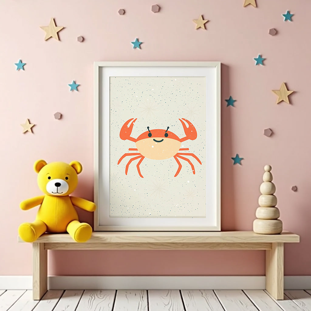 Väggmockup av Happy Crab affisch på ljus tegelvägg – Bozetto konsttryck i hög tryckkvalitet