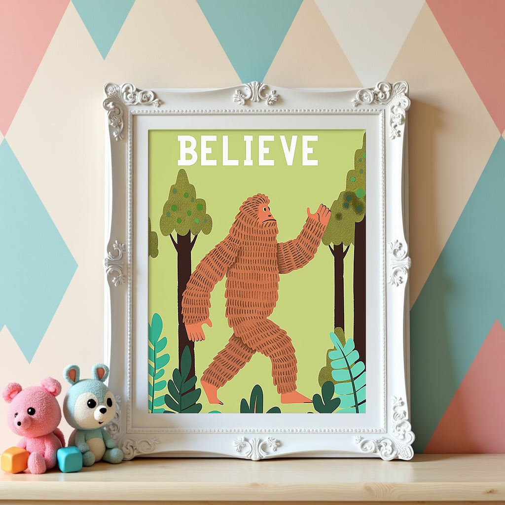Mockup av Believe Bigfoot affisch på vägg – köp enkelt hos Bozetto i hög kvalitet