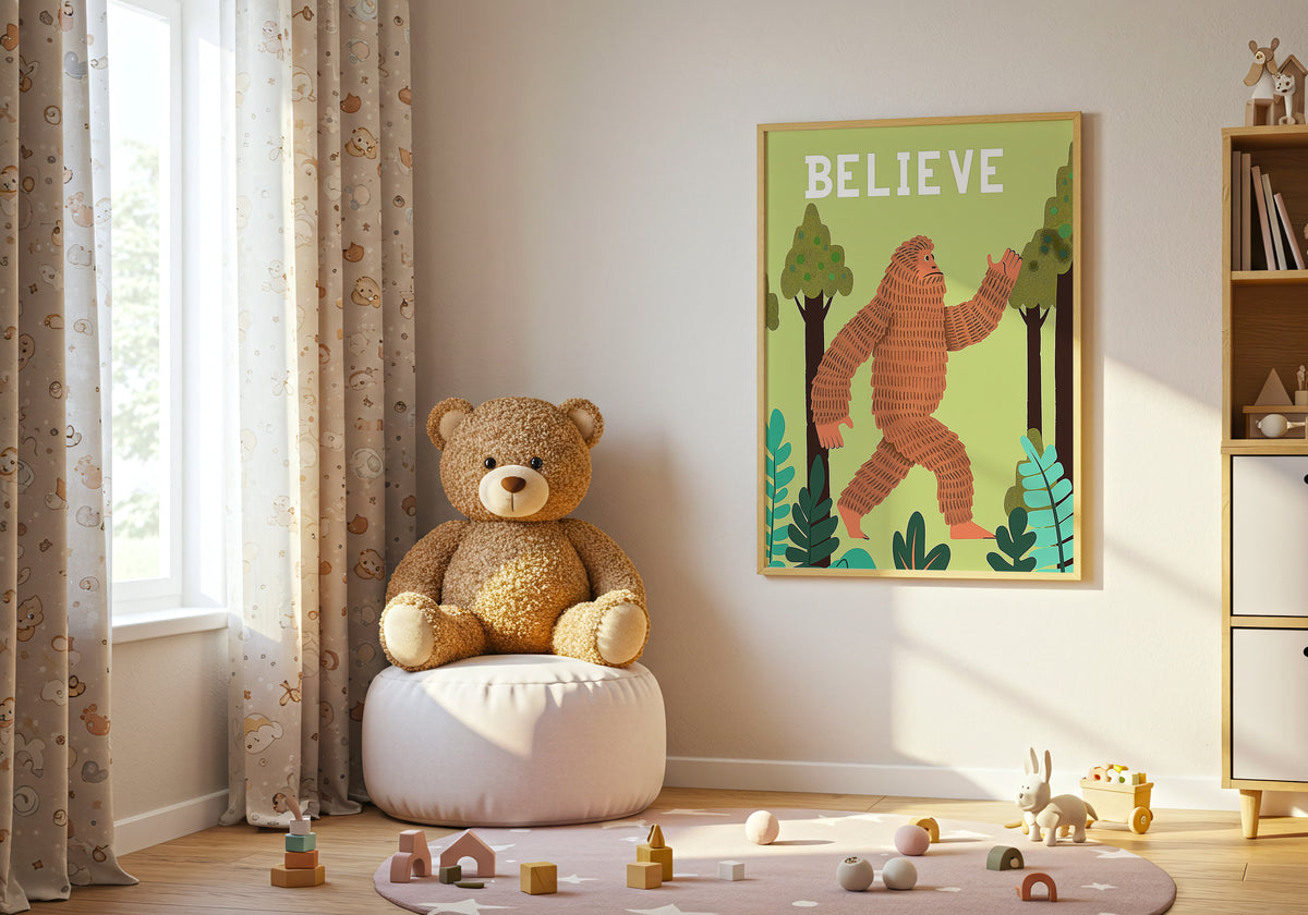 Believe Bigfoot poster visad rakt fram – Bozetto affisch i hög tryckkvalitet i hög tryckkvalitet