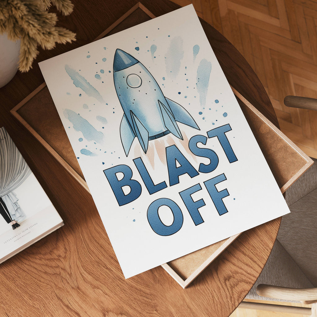 Blast Off konsttryck på vit bakgrund – elegant Bozetto affisch för hemmet i hög tryckkvalitet