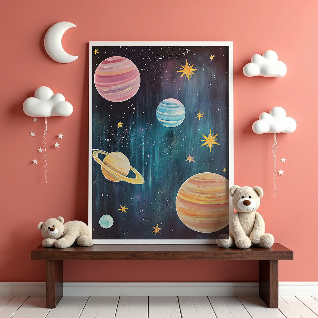 Väggmockup av Cosmic Dreams affisch på ljus tegelvägg – Bozetto konsttryck i hög tryckkvalitet