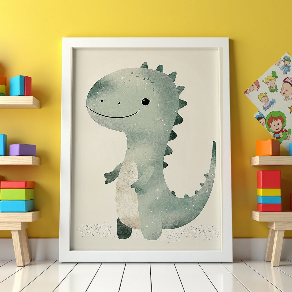 Väggmockup av Happy Dino affisch på ljus tegelvägg – Bozetto konsttryck i hög tryckkvalitet