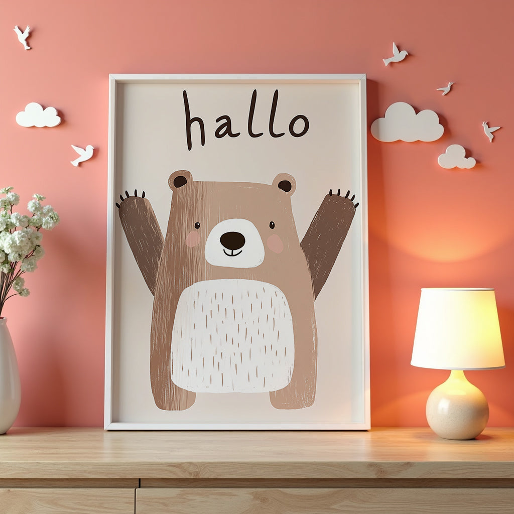 Väggmockup av Hallo Bear affisch på ljus tegelvägg – Bozetto konsttryck i hög tryckkvalitet