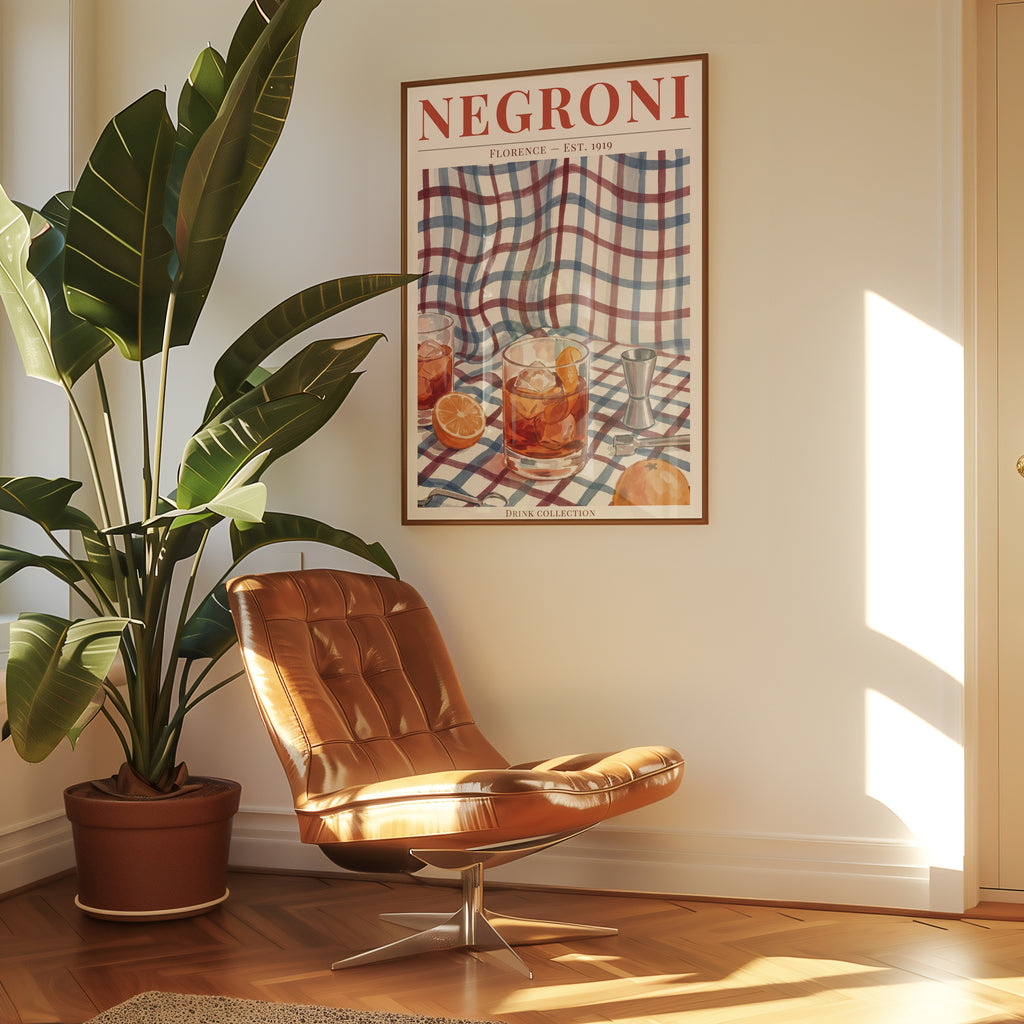 Negroni affisch i ljust minimalistiskt vardagsrum – köp enkelt hos Bozetto i hög kvalitet