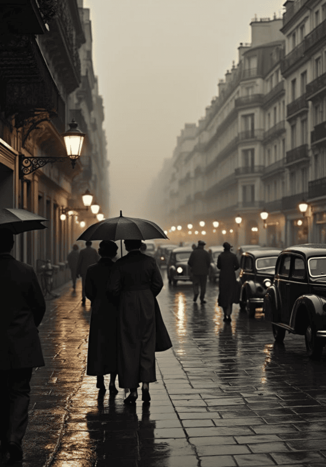 Rainy Parisian Stroll – affisch med snyggt motiv, köp enkelt hos Bozetto i flera storlekar