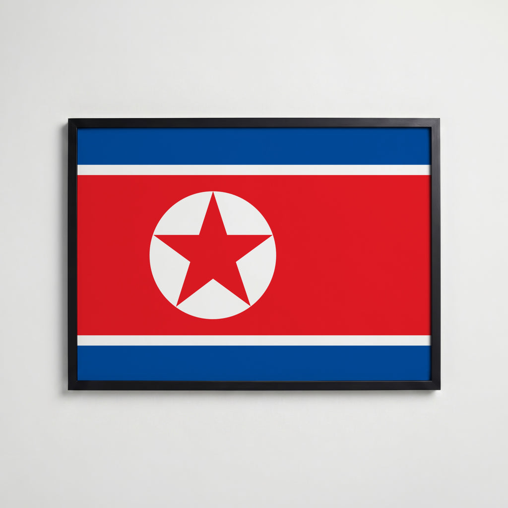 North Korea National Flag Poster i svart ram – stilren konsttryck som väggdekor från Bozetto