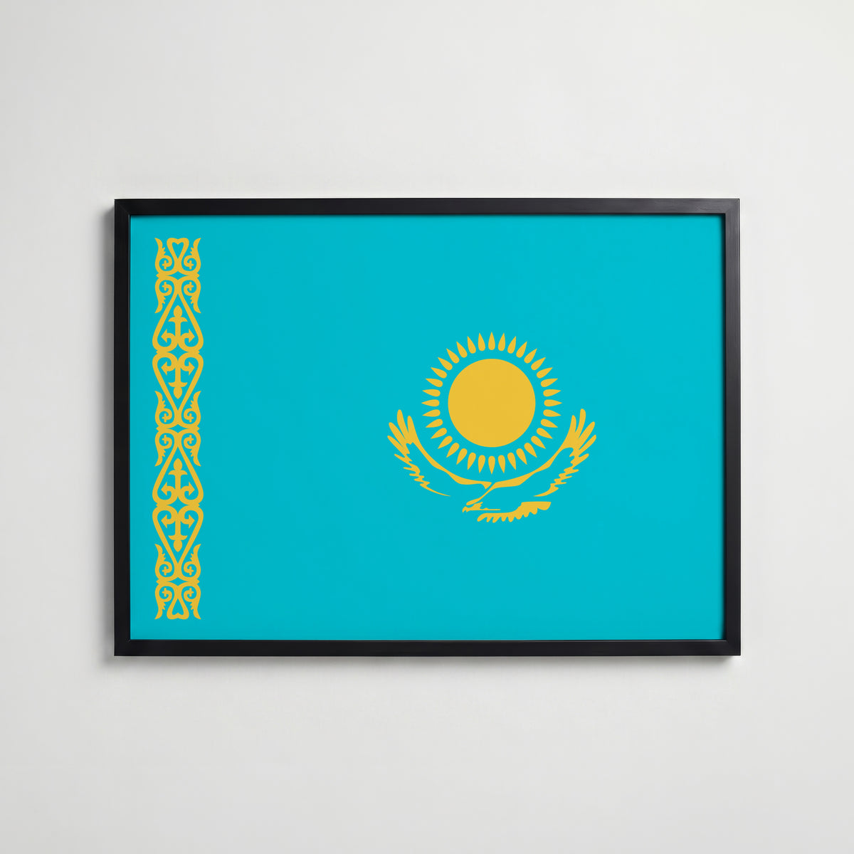 Kazakhstan National Flag Poster i svart ram – stilren konsttryck som väggdekor från Bozetto