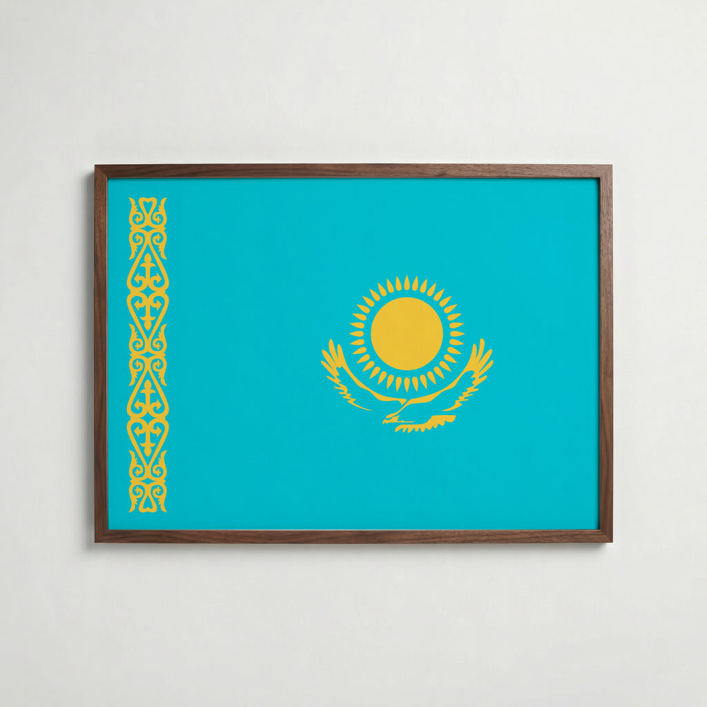 Kazakhstan National Flag Poster i valnötsram – varm konstaffisch för hemmet från Bozetto
