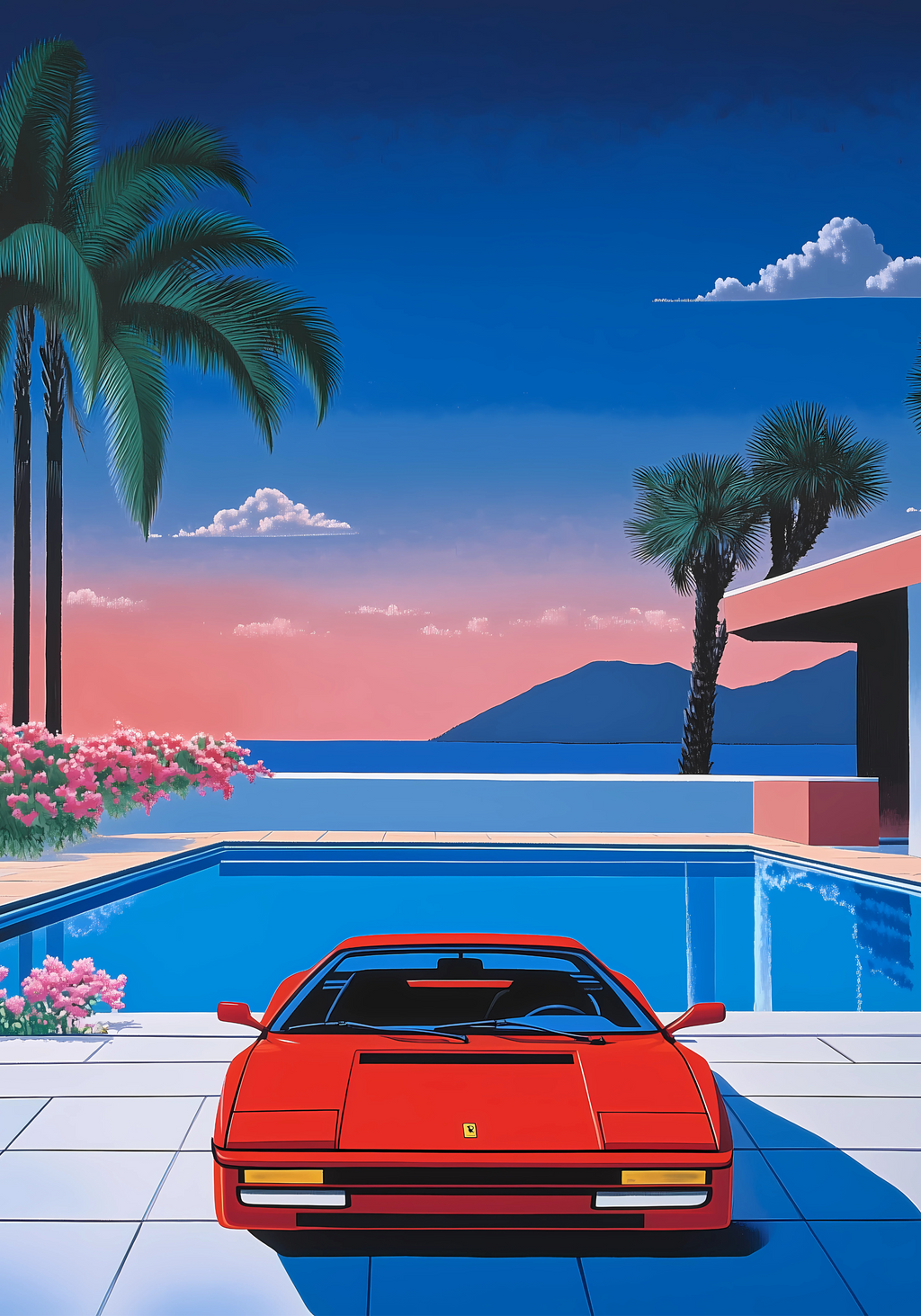 Retro 80s Ferrari Hiroshi poster visad rakt fram – Bozetto affisch i hög tryckkvalitet