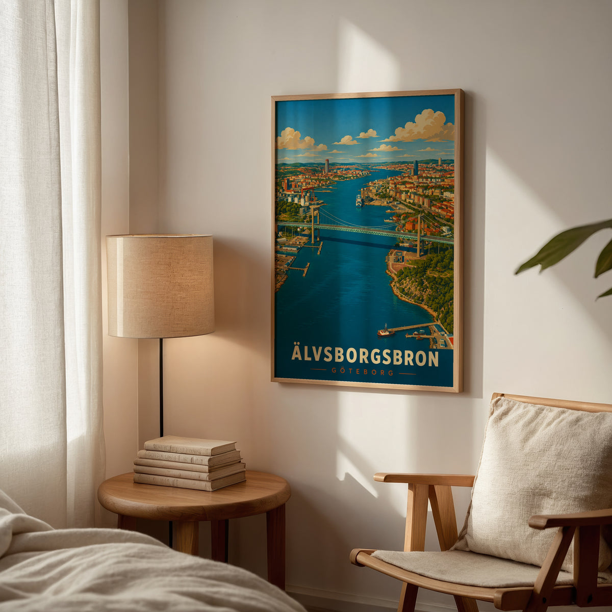 Älvsborgsbron affisch i minimalistiskt sovrum – köp enkelt hos Bozetto i hög kvalitet