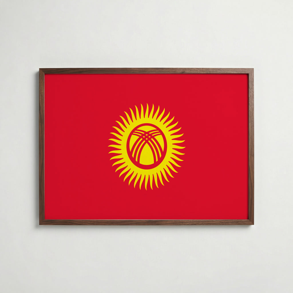 Kyrgyzstan National Flag Poster i valnötsram – varm konstaffisch för hemmet från Bozetto